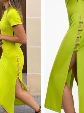 Zara Neon Lime Side-Slit Midi Dress - Short Sleeve